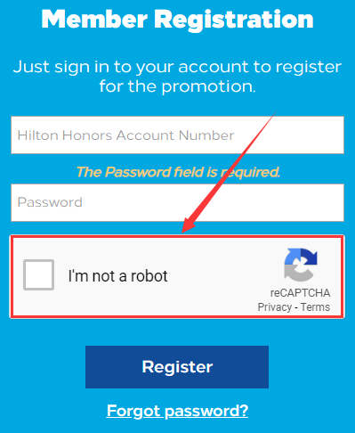 希尔顿reCAPTCHA 人机身份验证提示